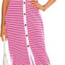 BTFBM Women Casual Summer Dresses Short Sleeve Striped Midi Dresses Decorative Button Ribbed Knit Dresses Party Dresses(Rose Red,X-Large)