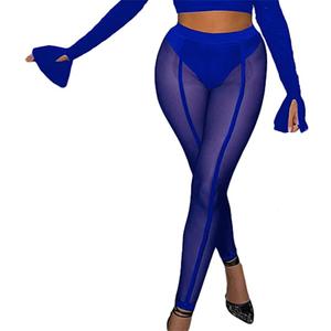 Women See Through Sheer Pencil Long Pants Mesh Sport Leggings High Waist Casual Sweatpants Tights Clubwear (Blue, L)