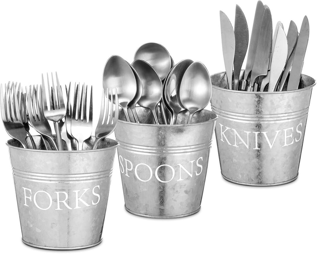 Honeydak 3 Pcs Farmhouse Silverware Holder Countertop Metal Cooking Utensil Caddy Fork Knife and Spoon Cutlery Organizers for Kitchen Counter, Cabinet, Drawer or Pantry
