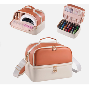 Polish Organizer Holds 35 Bottles & Nail Lamp, Nail Organizers and Storage, Double Layer Nail Bag with Handle & Shoulder Strap for Travel, Nail Supplies Organizer for Manicure Kit (Brown+Beige