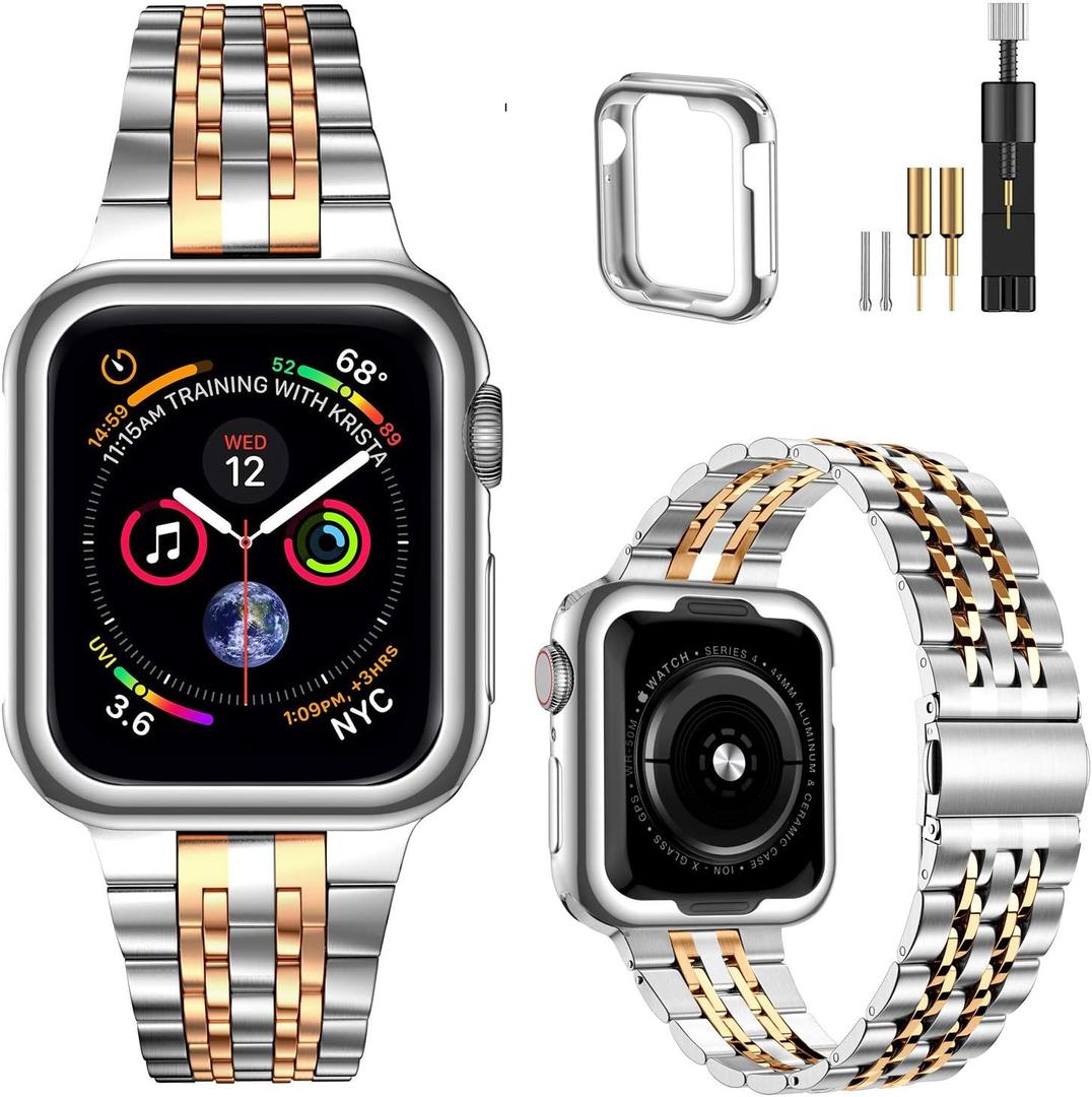 MioHHR Compatible with Apple Watch Band 38mm 40mm 41mm, Solid Stainless Steel Metal Strap Band for iWatch Series 9 8 7 6 5 4 3 2 1 SE, Silver/Rose Gold (41mm/40mm/38mm)