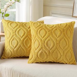 decorUhome Throw Pillow Covers 24x24 Inch Set of 2, Soft Plush Faux Wool Mustard Yellow Couch Pillow Covers, Spring Solid Dyed Accent Pillow Cases for Sofa Bed Living Room Home Decor (24" x 24" (Pack of 2))