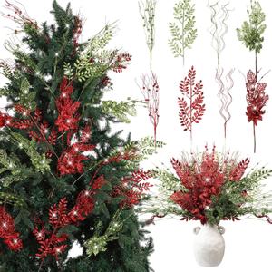 Thiccywoov 40 Pack Red Green Christmas Picks and Sprays for Tree 17.5'' Artificial Glitter Berry Stem Pick with Poinsettia Christmas Tree Filler Ornaments Tree Topper Branch for Xmas DIY Wreath
