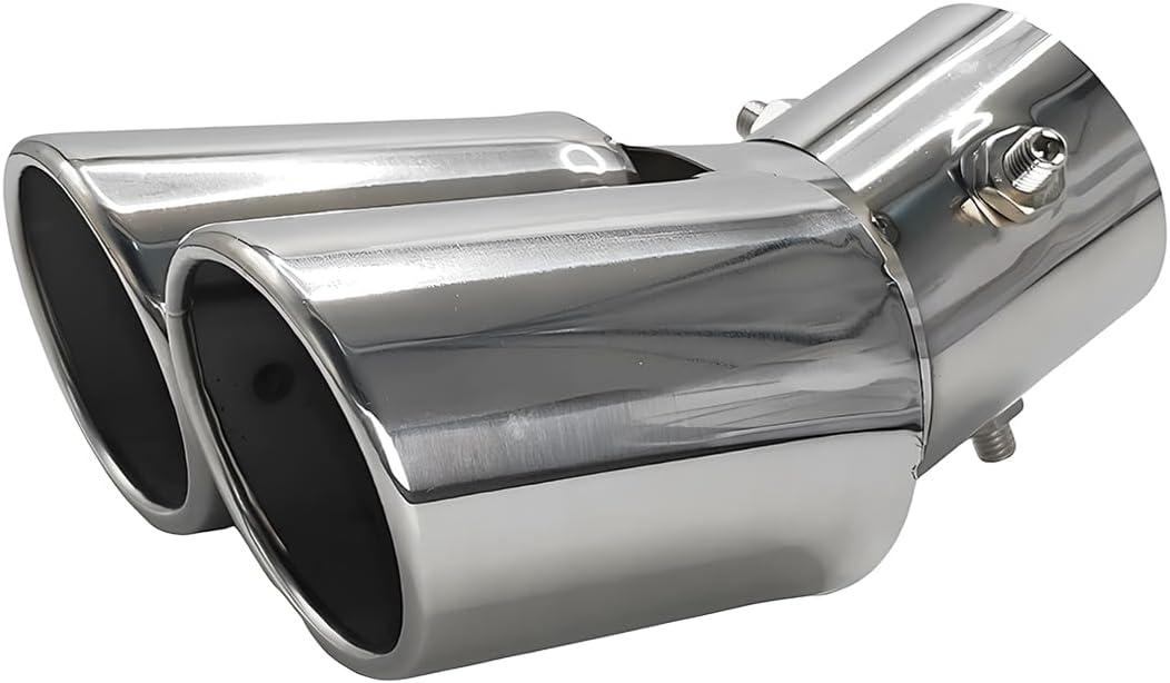 Dual Exhaust Tips, Stainless Steel Double Outlet Car Muffler Tail Tip Exhaust Curved Type Tailpipe Tip 63mm/2.5" Inlet Bolt-on Exhaust Tip Bevel Port (Curved,Silver)