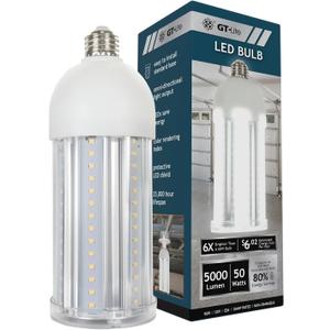 GT-Lite 5,000 Lumen LED Corn Cob Bulb, Uses Only 50W, Daylight 5000K, E26 Base, LED Light for Indoors Garage Workshop Warehouse