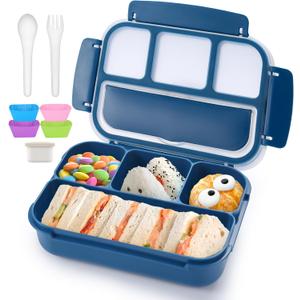 QQKO Bento Box Adult Lunch Box, Lunch Containers for Adults Men Women, Kids Lunch Boxes for School with 4 Compartments, Sauce Container, Utensils and Muffin Cups, Navy