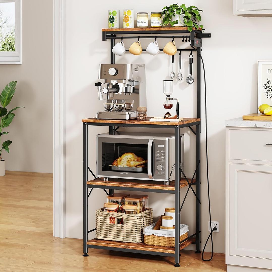 SNTD Kitchen Bakers Rack with Power Outlet 10 Hooks, 4 Tiers Coffee Bar Station Cabinet, Microwave Stand with Storage (Rustic Brown, 21.7 x 14.2 x 49.6 Inch)