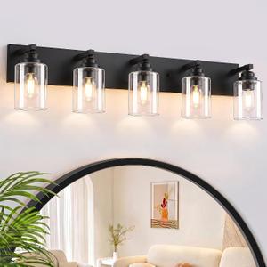 5-Light Matte Black Bathroom Vanity Light, Clear Glass Shade