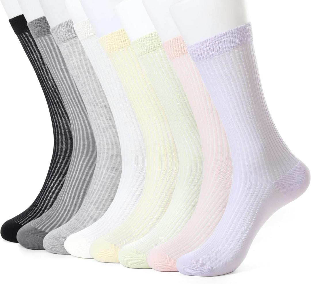 Women's Mid-Crew Thin Cotton Ankle Socks - Ultra Soft Breathable Casual Sheer Calf Socks for Women,8 Pairs Multiple Colors Pack8-color combination