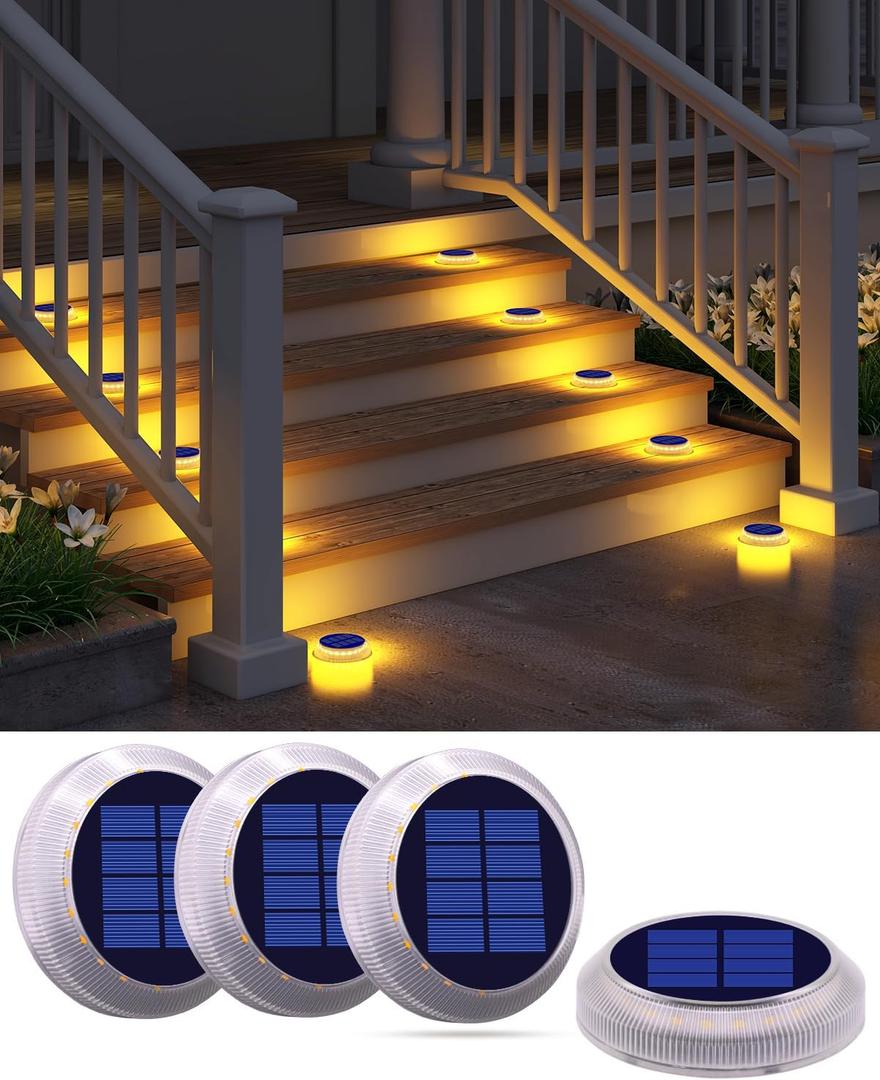 DetarZinLED Solar Step Lights Outdoor Waterproof, 4 Pack Warm White Flat Lights Solar Powered for Outside Stair, Deck, Dock, Pathway, Driveway, Ground