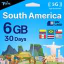TSIM South America SIM Card 30 Day | 6 GB Internet in 5G/4G/LTE (Data Sharing Allowed) | Use in Brazil, Chile, Colombia, Peru, Uruguay & Costa Rica | High Coverage 5G Network.
