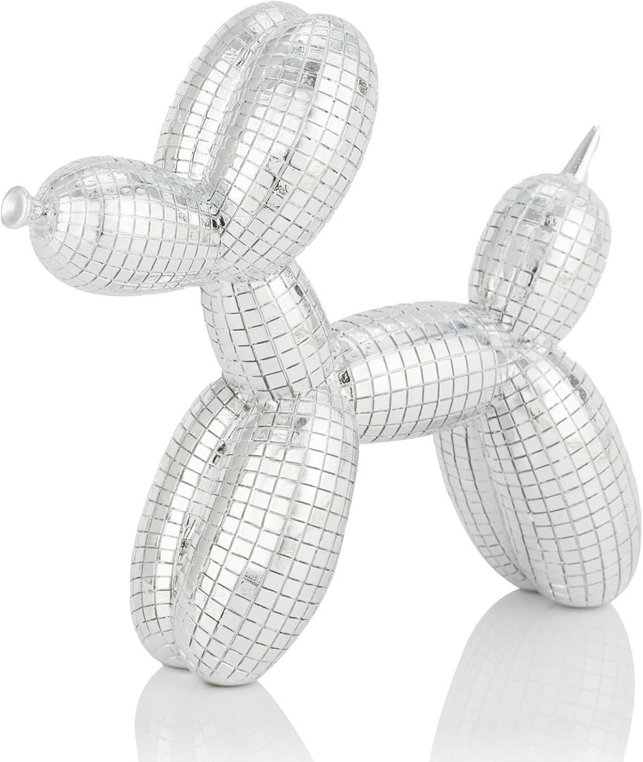 Disco Silver Balloon Dog Sculpture, DJ Table Decoration, Gift for Art and Music Enthusiasts, Disco Electroplated Mirror Finish
