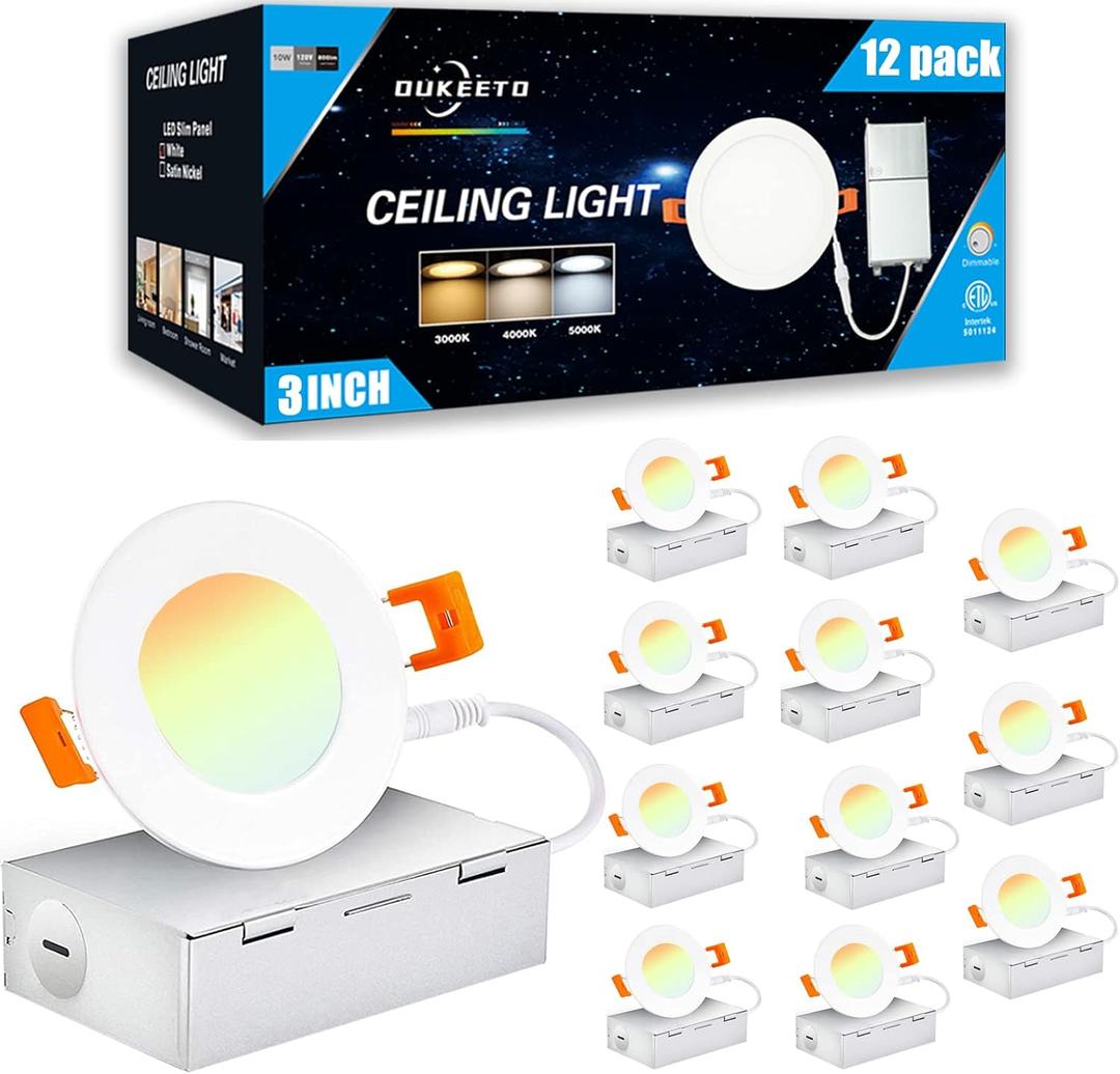 3 Inch Led Recessed Light - 3000K/ 4000K/ 5000K 3 Color Selectable, 6W=45W 450Lm Ultra-Thin Dimmable Downlight Wafer Ceiling Light with Junction Box - ETL and Energy Star Certified(12 Pack)