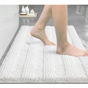 Yimobra Bathroom Rug Mat 32 x 20, Non Slip and Super Absorbent Bath Mat,Machine Washable Quick Dry,Ultra Plush Chenille Shower Rugs for Bathroom Floor Sink Tub and Shower Outside,White