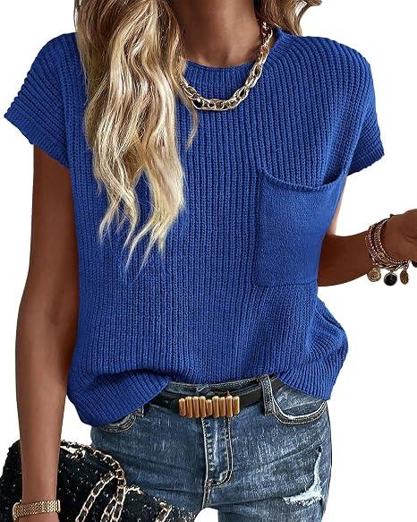 KIRUNDO Short Sleeve Sweater for Women Summer Crochet Tops (XL, Bright Blue)