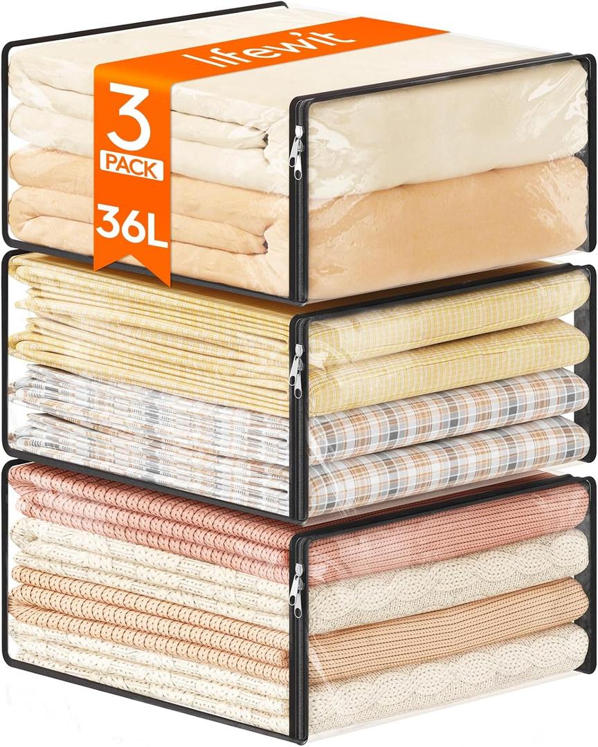 Lifewit 36L Clear Sheet Storage Bags with Zipper 3 Pack, Plastic Sweater Storage Bins for Clothing, Vinyl Foldable Clothes Containers Organizers for Closet, Blankets, Bedding 17.7 x 15.7 x 7.9 Inch