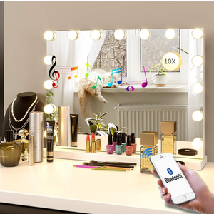 LilyHome 22.8"x 18.1" Vanity Mirror Makeup Mirror with Lights,10X Magnification,Large Hollywood Bluetooth Lighted Vanity Mirror with 15 LED Bulbs & Speaker,3 Color Modes,Touch Control for Wall-Mounted