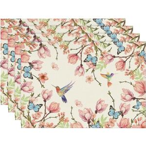 Artoid Mode Flowers Bird Butterfly Spring Placemats Set of 4, 12x18 Inch Seasonal Summer Table Mats for Party Kitchen Dining Decoration (Beige)
