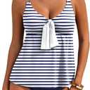 Aleumdr Women's Tankini Swimsuits Tummy Control Two Piece Bathing Suit V Neck Tie Front Flowy Swim Top with Bottom (Blue, XXXL)