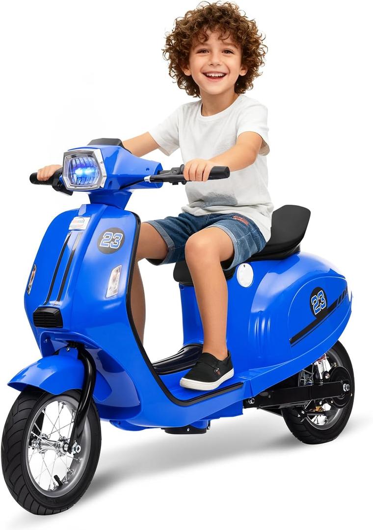 24V Moped Scooter for Kids - Electric Motorcycle for Kids - Electric Scooter with Seat for Children - Ride on Toy with LED Light for Girls (Blue)