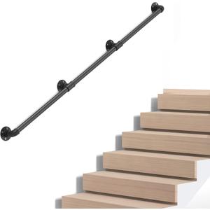 Industrial Pipe Stair Handrail, Wall-Mounted Metal Hand Rail for Indoor & Outdoor Steps, Black Galvanized Iron, Vintage Farmhouse Style, Heavy Duty Support for Stairs & Porch (Black, 12ft)
