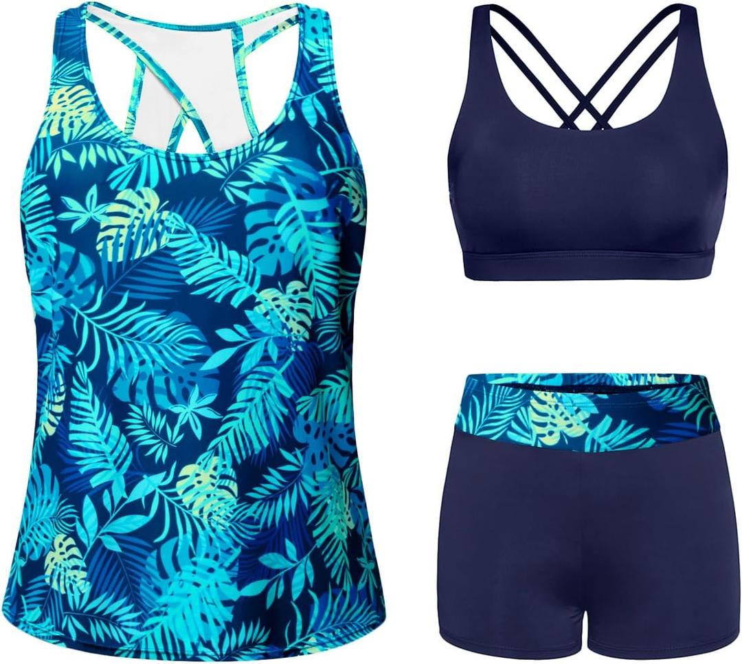 Tempt Me 3 Piece Swimsuit for Women Tankini Bathing Suit Modest High Neck Tank Tops Swimwear with Shorts (Small, Blue Leaves)