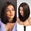 KOME Brown Highlight Short Bob Wigs,Brown Straight Shoulder Length Wigs for Women,Middle Part Heat Resistant Fibre Synthetic Wig Daily Use