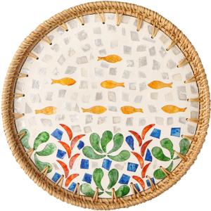 Round Rattan Tray with Mother of Pearl Inlay, Decorative Wicker Serving Tray with Wooden Base, Woven Basket Trays for Bread Fruits Coffee (Seabed)