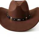 Lanzom Women Men Classic Felt Wide Brim Western Cowboy Cowgirl Hat with Belt Buckle (Brown, L)