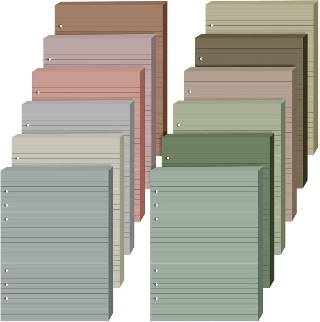 PerKoop Lined Refill Paper A5 Colored 6 Ring Binder Planner Inserts 6 Hole Notebook Refills Paper 960 Sheets 8.2 x 5.8 Inch Loose Leaf(Elegant Colors) 10 Pcs