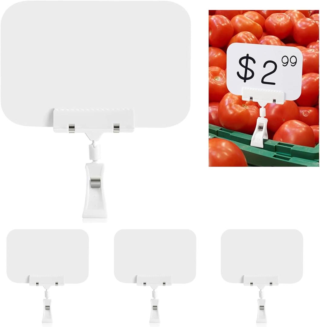 Sign Holder with Clamp, 8.2 x 5.8 Inch Clip-on Style Double Head Display Clips Large Chalkboard Signs, White Erasable Plastic Food Label for Party, Memo, Supermarket, Merchandise Sales