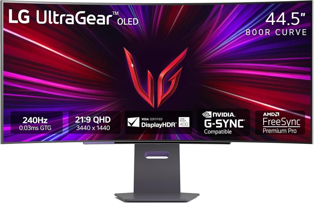LG 45GS95QE Ultragear OLED Curved Gaming Monitor 45-Inch WQHD 800R 240Hz 0.03ms DisplayHDR True Black 400 AMD FreeSync Premium Pro NVIDIA G-Sync HDMI 2.1 DisplayPort Tilt/Height/Swivel Stand - Black