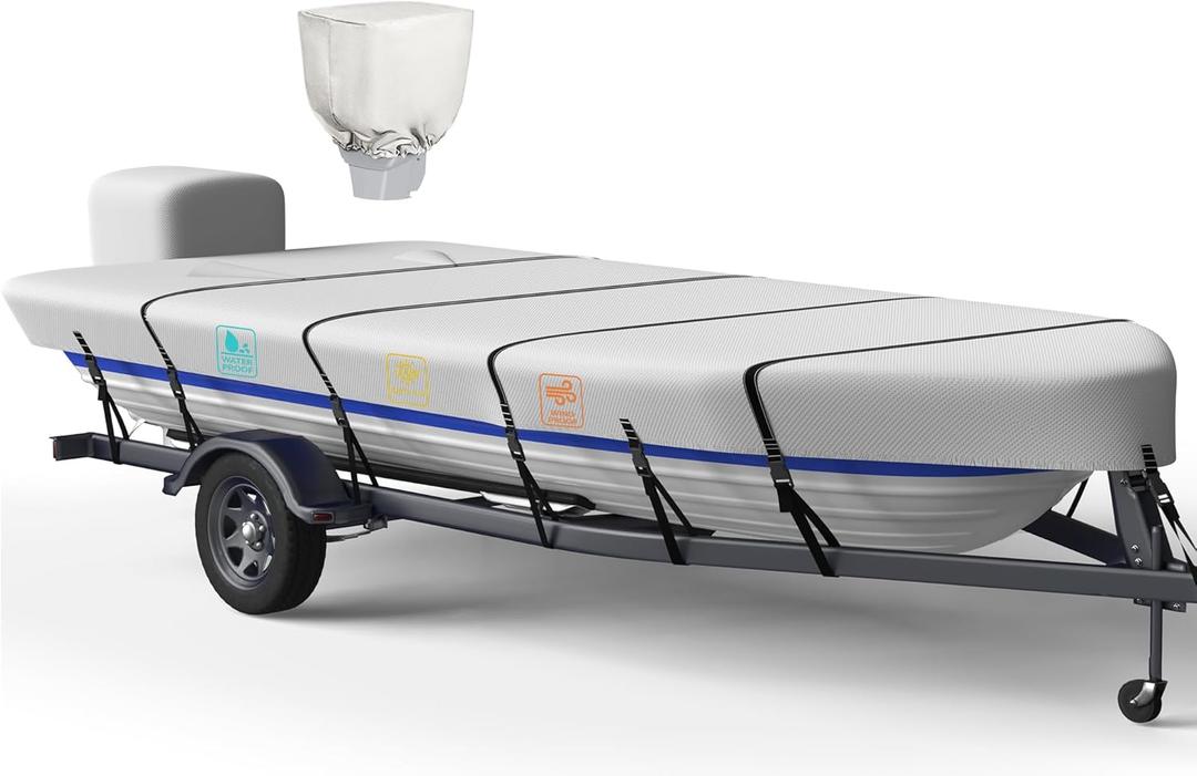 1200D 5-Layer Jon Boat Cover 14-16ft with Motor Cover | Super Waterproof (2-Layer PU, 1" Seam Tape) | UV Resistant, 9+4 Windproof Straps | Mooring/Trailerable