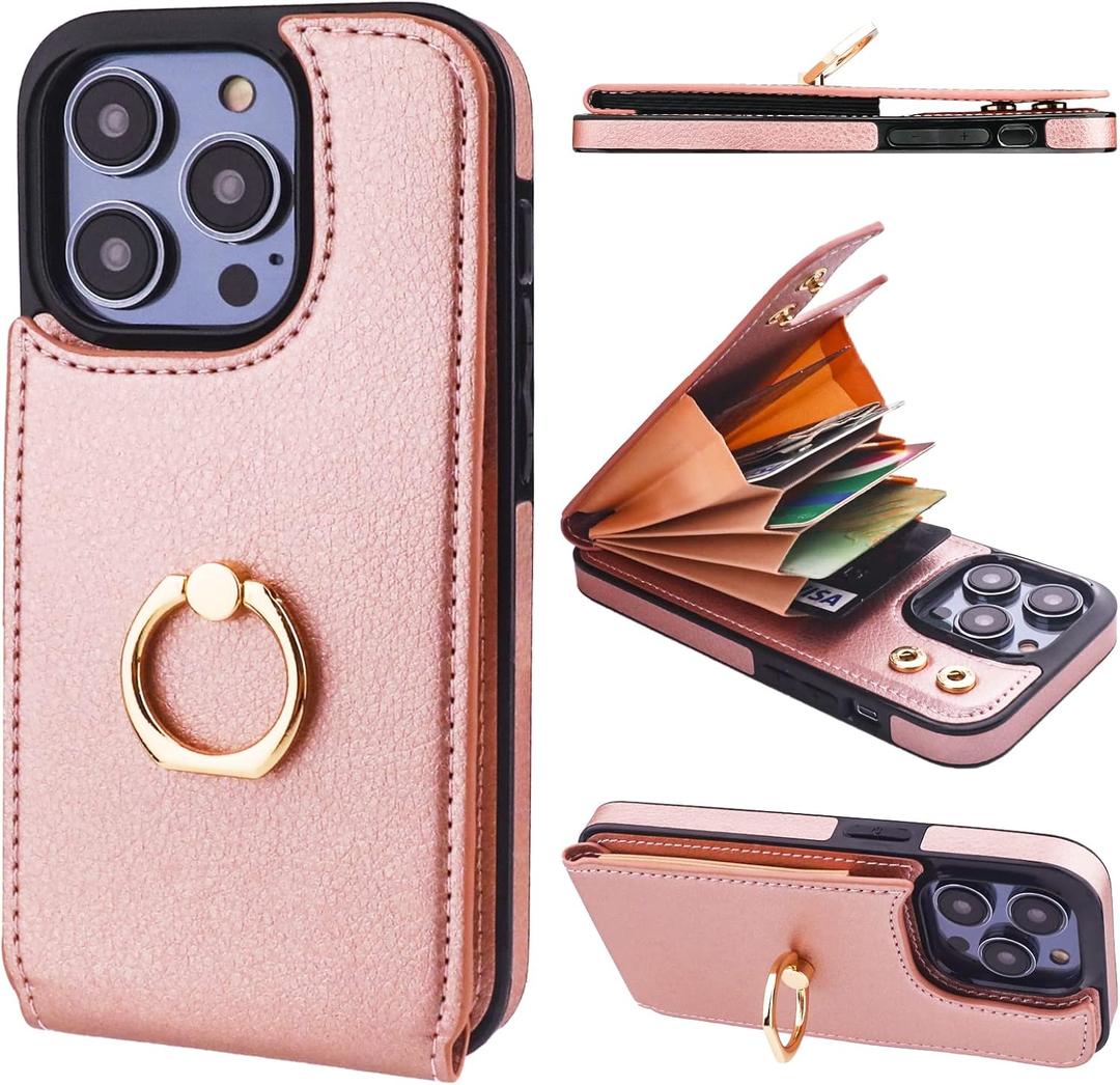 Folosu Compatible with iPhone 14 Pro Case Wallet with Card Holder, 360Rotation Finger Ring Holder Kickstand, RFID Blocking Leather Protective Double Buttons Shockproof Cover 6.1 Inch Rose Gold