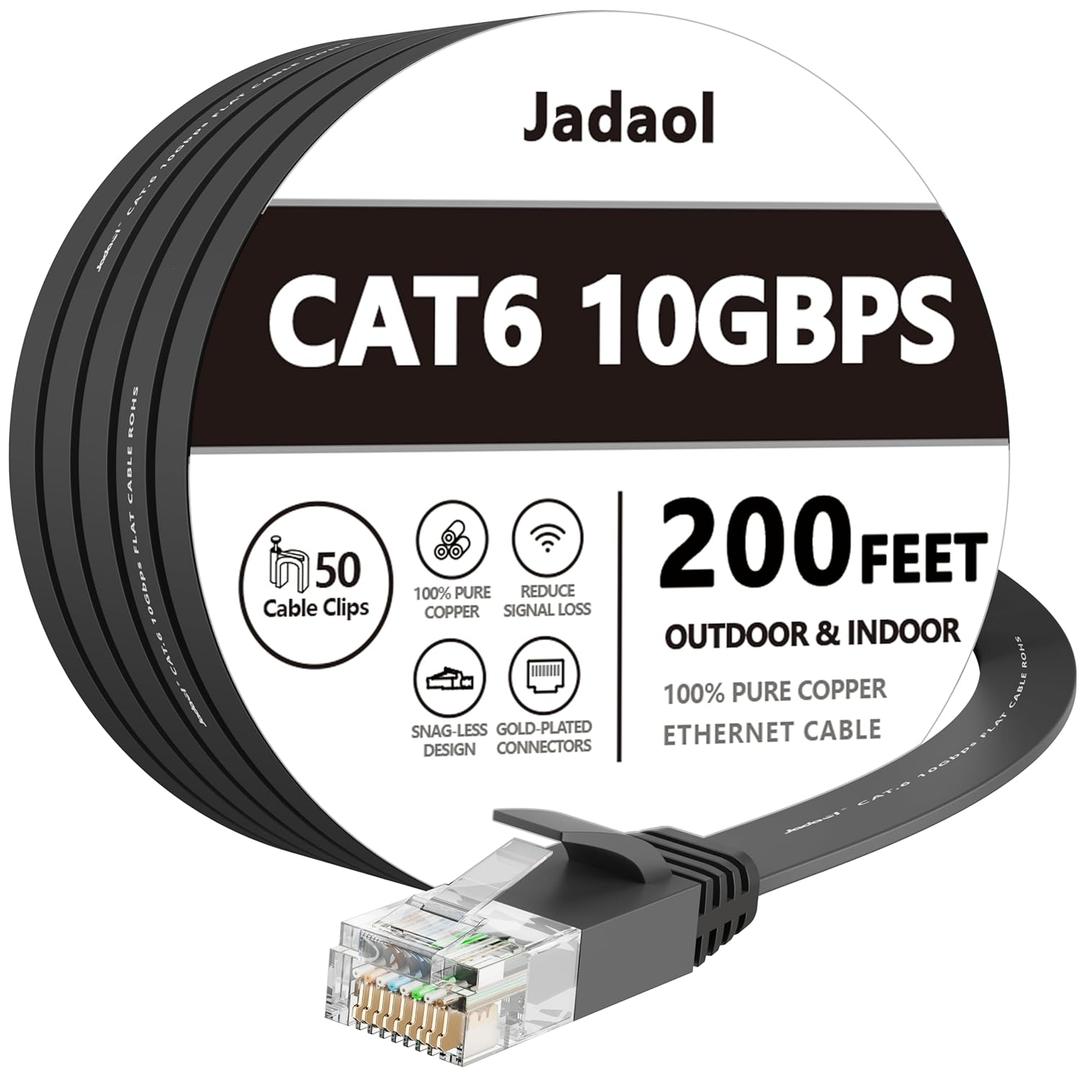 Jadaol Cat 6 Ethernet Cable 200 ft (60.96m), 10Gbps Support Cat8 Cat7 Network, Flat RJ45 LAN Patch Cable, High-Speed Internet Cable for Router, Modem, Switch, Gaming Consoles, Streaming Devices, Black