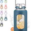 84oz Glass Water Bottle with Stainless Steel Handle,2.5L Gallon Water Bottle with 2-IN-1 Straw Lid, Silicone Sleeve and Motivational Capacity Marker, Wide Mouth Water Jug For Gym, Dark Blue