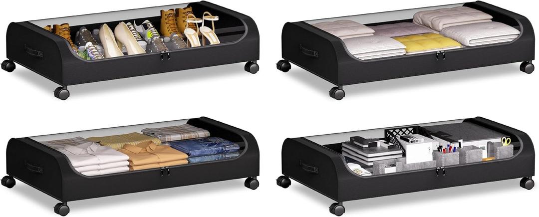 YEEBONIX Under Bed Storage with Wheels, 4 Pack Curved Under Bed Storage Containers, 60L Under The Bed Storage Bins, Rolling Under The Bed Storage Metal Drawer for Clothes, Blankets, ShoesBlack