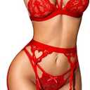 RSLOVE Women Lingerie Sets with Garter Belt 3 Piece Lace Teddy Babydoll Bodysuit M