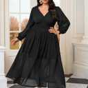 SCOMCHIC Womens Plus Size Formal Dresses Chiffon Wedding Guest Long Sleeve V Neck Smocked Flowy Slit Maxi Dress