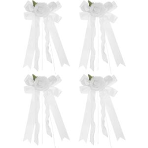 GLEAVI 4pcs Car Bow: Decorative White Polyester Ribbon Bow with Artificial Flowers for Wedding Cars Room Decor - Chair Back Decorations