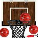 Laapee Indoor Basketball Hoop Mini Set – Wall Mount，Over The Door Dark Wood Backboard & Iron Rim, AntiShock Padding, 3 Balls & Air Pump, 16"x12"x3" (NoScore Version)