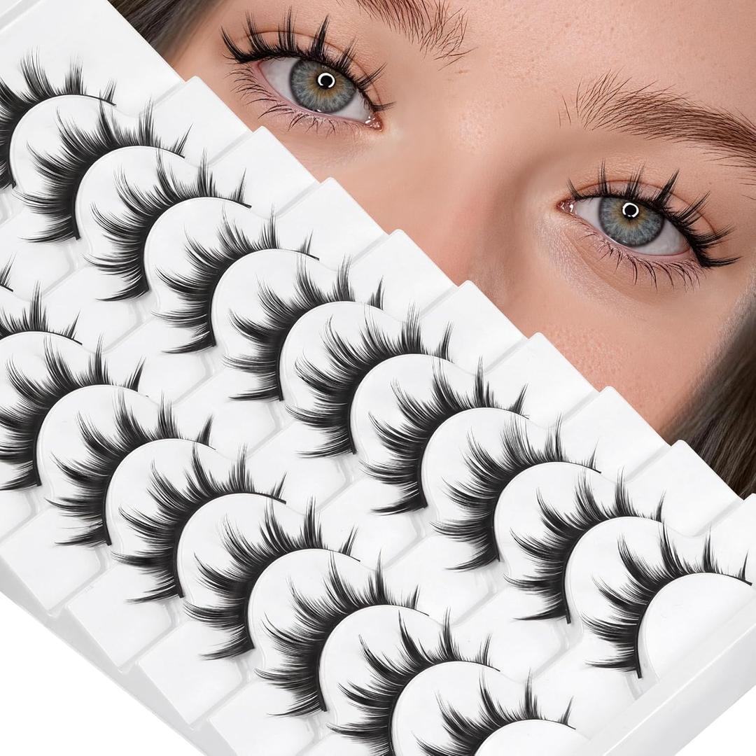 Lashes Manga False Eyelashes 10-15mm Anime Lashes Strips C Curl Cosplay Fake Eyelashes 10 Pairs Thick Spiky Faux Mink Lashes Natural Look (FM01)