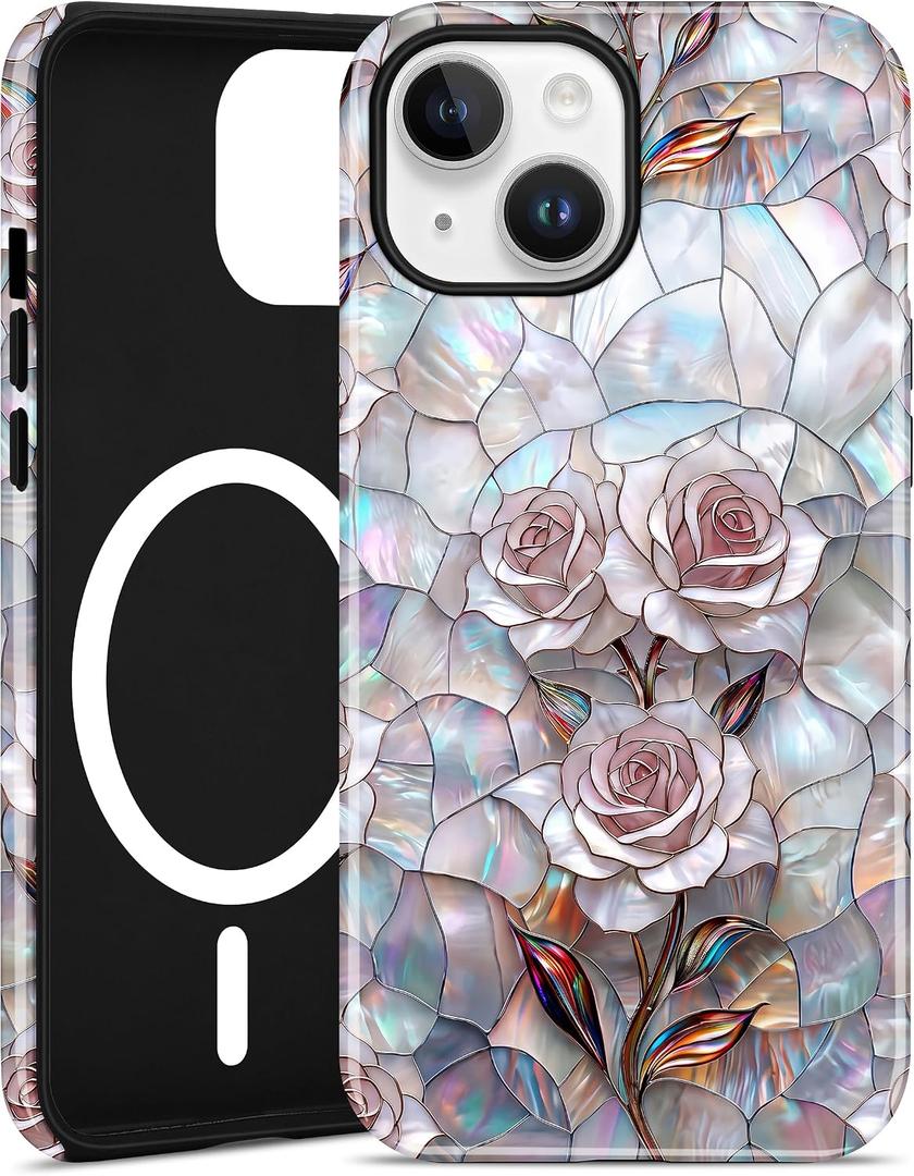 Jusy Magnetic Stained Glass Floral Case for iPhone 17, Pink Rose | Compatible with MagSafe, Cute Aesthetic Flower Design, TPU and PC Protective Phone Cover