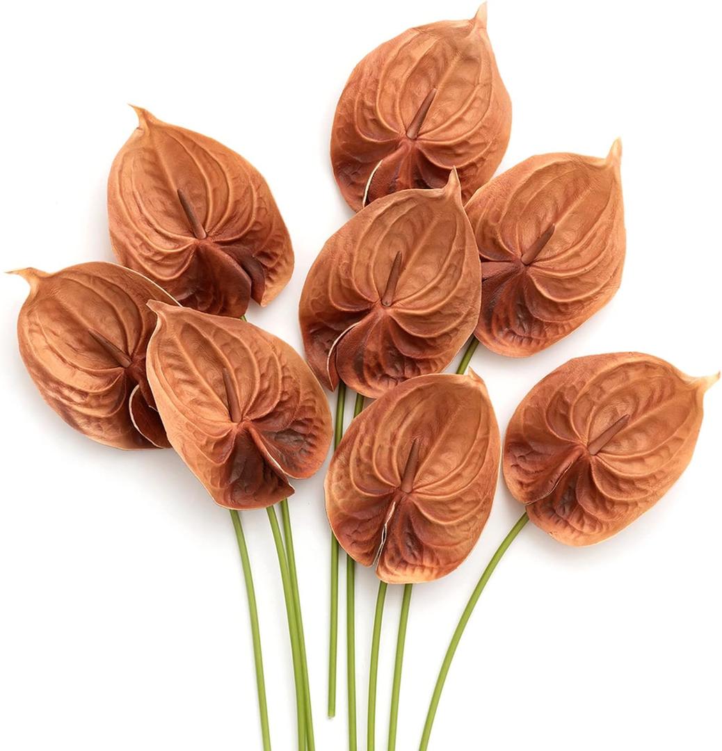 Ling's Moment Artificial Anthurium Flowers, 8pcs Terracotta Faux Greenery Stems, Burnt Orange Silk Filler Plants for DIY Wedding Bouquets Centerpieces Arrangements Bridal Shower Party Home Decorations