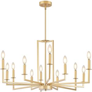 Modern Gold Chandelier, Farmhouse Candle Dining Room Chandeliers, Metal Hanging Pendant Light Fixture for Kitchen, Foyer, Bedroom, Living Room, Staircase, Entryway, 12-Light