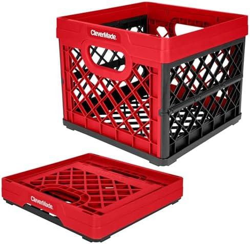 CleverMade Collapsible Milk Crate, Red, 1PK - 25L (6 Gal) Stackable Storage Bins, Holds 50lbs Per Bin - Clevercrates are Heavy Duty, Plastic Collapsible Storage Crate for Multi Purposes