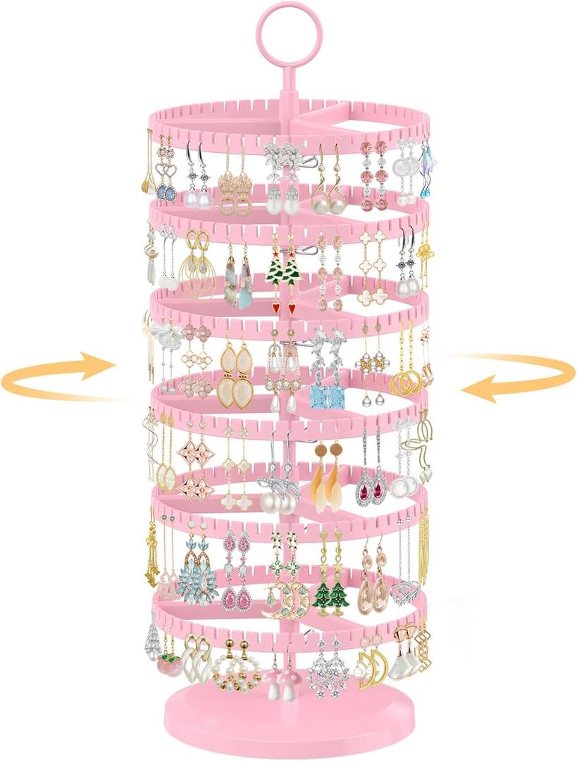 EsLuker.ly Earring Holder Organizer Rotating Stud Display Tree Rack with 342 U-Slots for Women Girls, Large Adjustable 6 Tier Plastic Storage Stand with Metal Tray for Pierced Hoop Post Earring, Pink