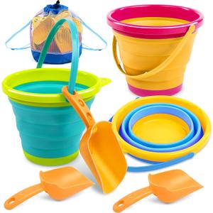 JOYIN 3 Packs Foldable Pail Bucket with Shovels & Mesh Bag, Collapsible Buckets Multi Purpose for Beach, Camping Gear, Beach Party, Fishing, and Fun Summer Activities (Yellow/Blue/Green)
