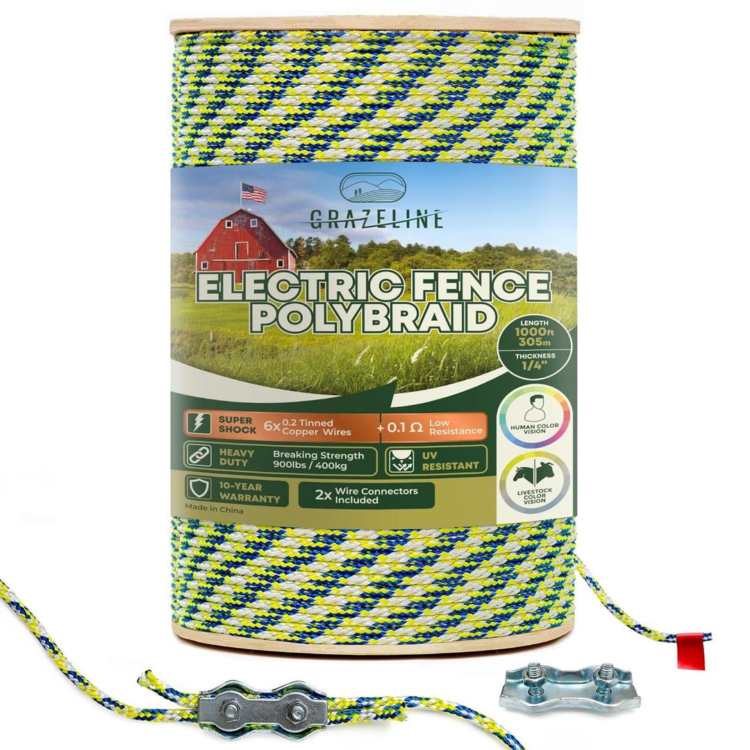 Electric Fence Polybraid 1/4" Rope 1000Ft (305m) - 6 x Tinned Copper Strands for Superior Shock - Heavy Duty Polyrope Braided - Premium Horse Wire Fencing Highly Visible - UV Rust Corrosion Resistant