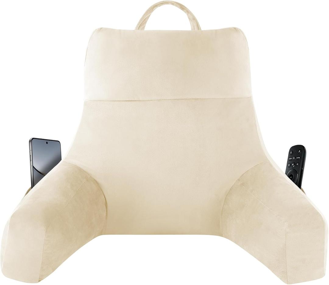 IPYNBAP Reading Pillow with Arms for Adult, Back Pillow for Bed Sitting Up, Shredded Memory Foam Backrest Pillow with Pockets & Removable Washable Cover, Lounging, Watching TV, Reading(20" Beige)
